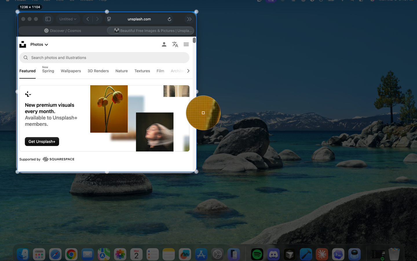 Selecting a screen region in Liminal with the size badge and magnifier